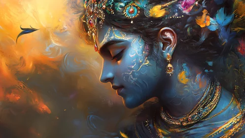 Gentle blue goddess in glowing sunset colors and jewels.