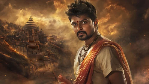 Determined pilgrim stands before monumental temple ascent