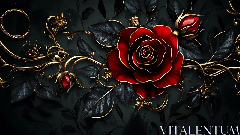 Crimson Rose Blooming Through Obsidian: A Dark Opulence.