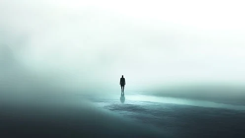 Solitary silhouette walking through ethereal coastal mist.