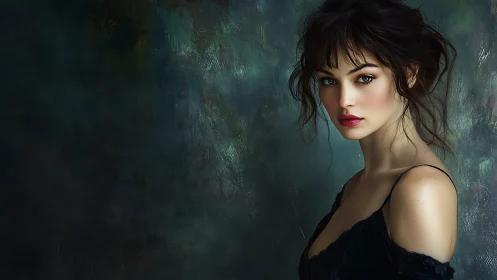 Woman with tousled dark hair poses against textured green background