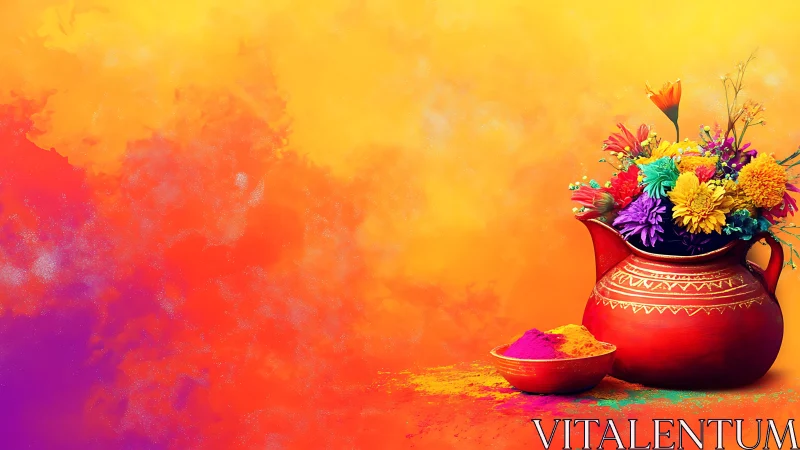 Festival pitcher of wild blooms and spilled rainbow powders.