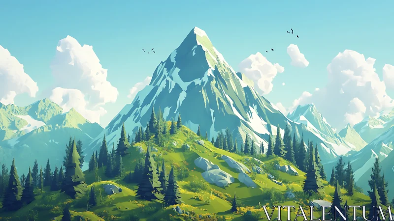 Sunlit alpine peak above vibrant pine forest valley.