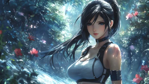 Woman in stylized forest environment stands near reflective water