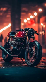 Red cafe racer motorcycle stands under neon city lights