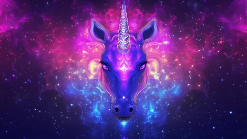 Neon nebula unicorn head in luminous cosmic symmetry.