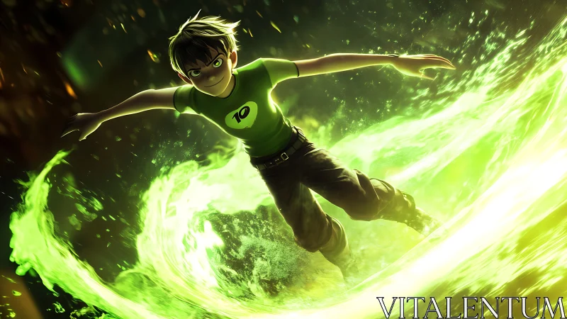 Boy surfer carves a neon vortex through liquid light