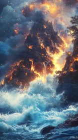 Volcanic Convergence: Where Inferno Meets The Crashing Sea.