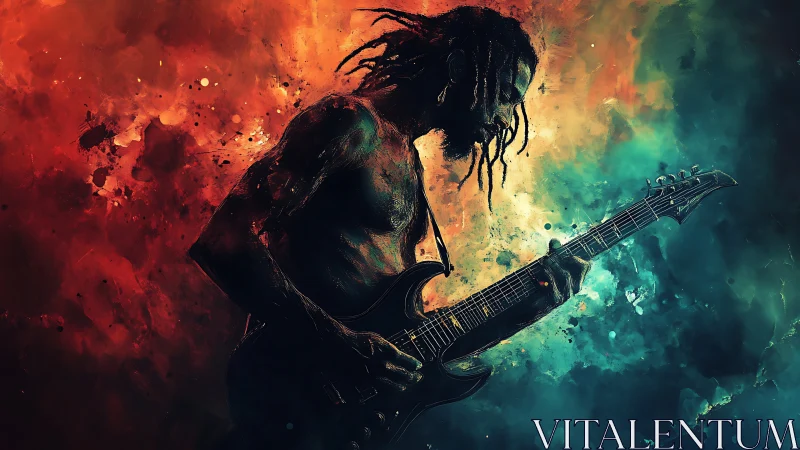 Electric guitarist wrapped in fiery and cool swirling color.