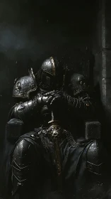 Dark armored warlord seated on throne with solemn sword.