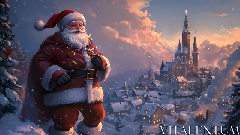 Santa Claus stands over snowy village at dusk watching lights