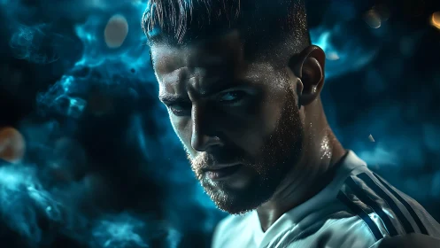 Male athlete portrait in blue smoky low key lighting.