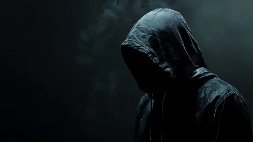 Hooded figure in dark studio lighting stands with obscured face