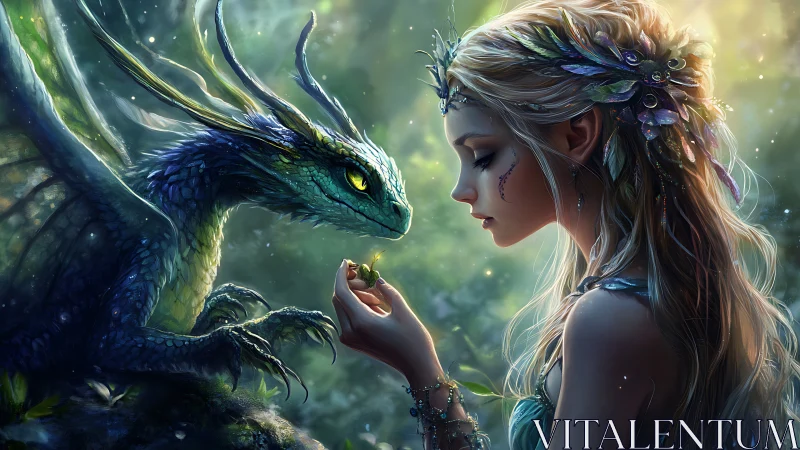 Elf maiden bonds with emerald dragon in luminous forest