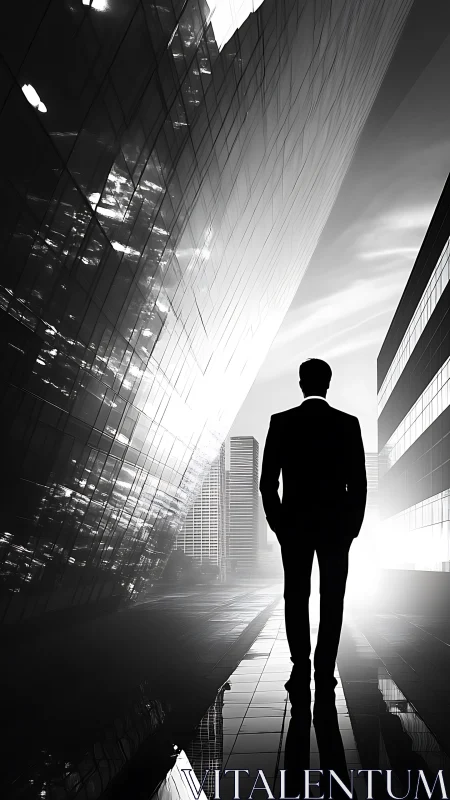 Silhouetted businessman standing in urban canyon street