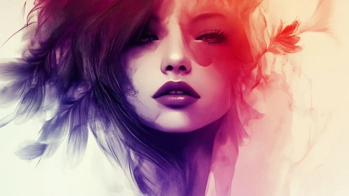 Dreamlike woman’s portrait dissolves into feathers and light