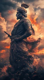 Warrior statue dissolves into fiery atmospheric vortex