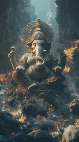Divine Ganesha statue amid firelit cavern depths.