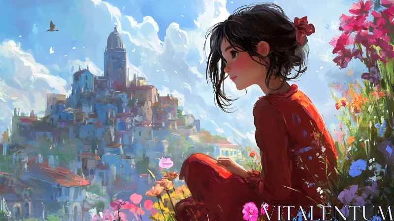 Girl in red dress observes hillside town across flower field