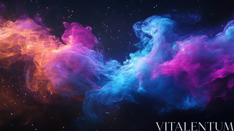 Digital painting of colliding neon nebula clouds in motion fields.