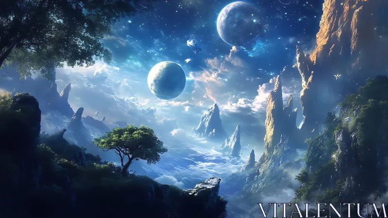 Distant twin moons glow above a peaceful floating valley world