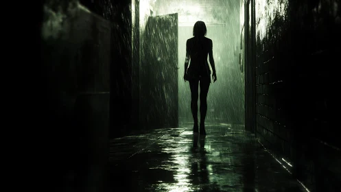 Silhouetted figure walks through narrow rainlit corridor.
