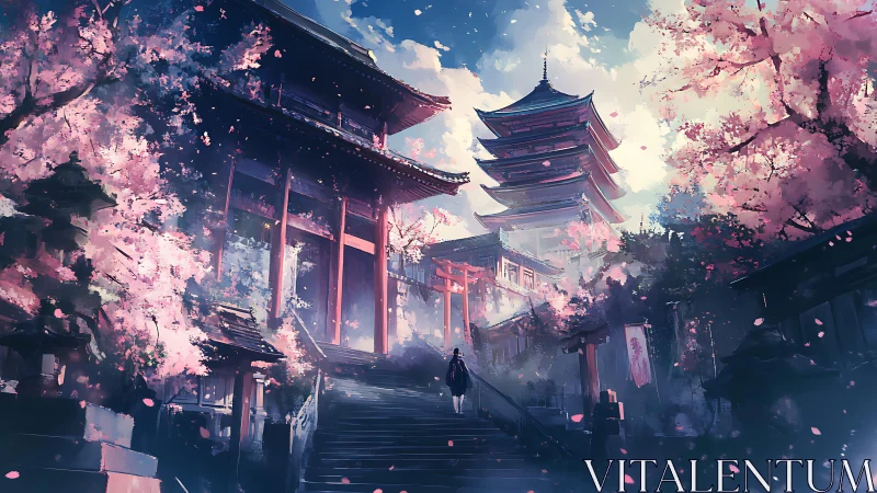 Cherry blossoms veil a serene temple stairway at sunrise.