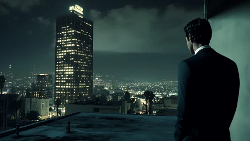 Suited figure overlooking illuminated city skyline at night.