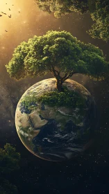 Tree crowned Earth floats in golden cosmic atmosphere.
