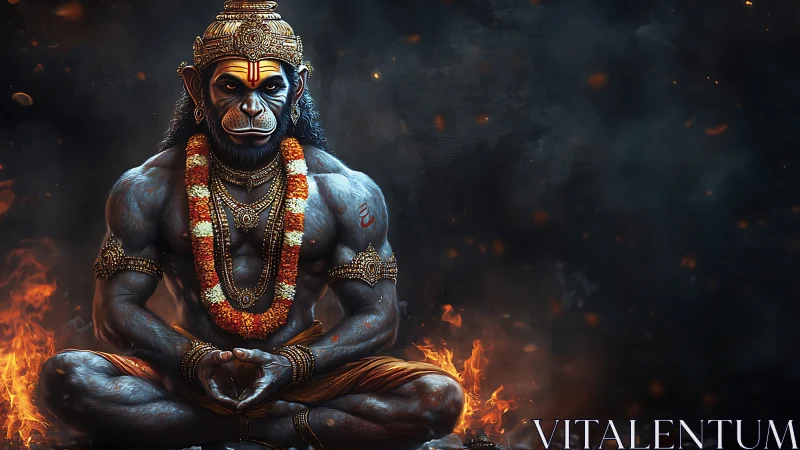 Fiery meditation with a serene mythic guardian spirit.