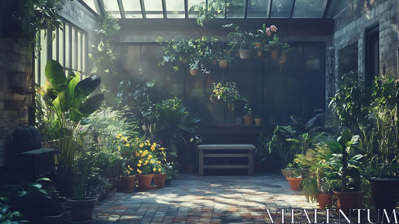 Sunlit conservatory holds lush potted plants and bench
