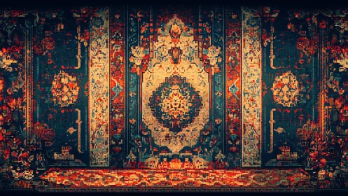 Intricate pixel tapestry reimagining a traditional rug pattern.