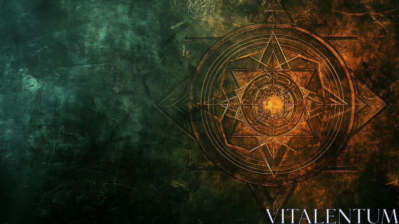 Abstract Geometric Mandala on Grunge Green and Gold Background.