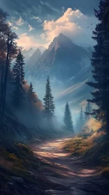 Atmospheric alpine valley path with volumetric dawn lighting.