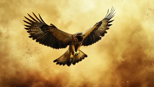 Majestic eagle soaring in dramatic golden sky, digital art style.