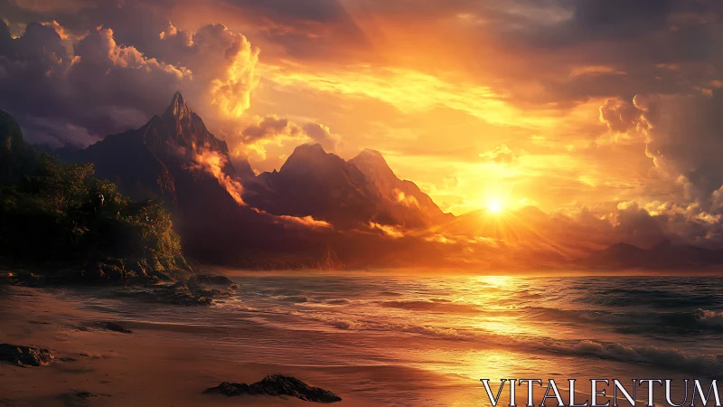 Dramatic coastal mountains illuminated by hyperreal sunset glow