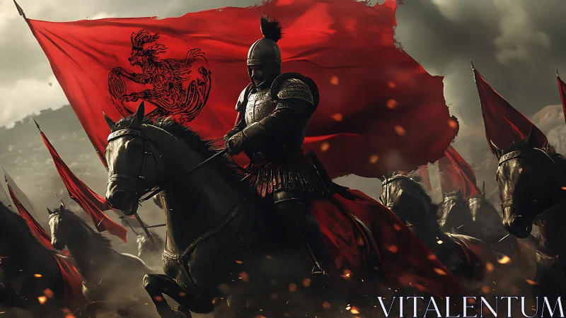 Gallant armored riders charging beneath blazing red banners.