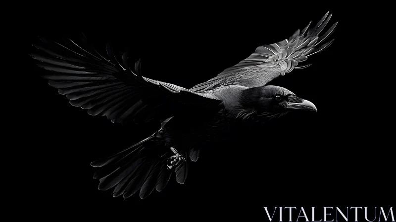 Majestic raven in flight, dramatic black background photography.