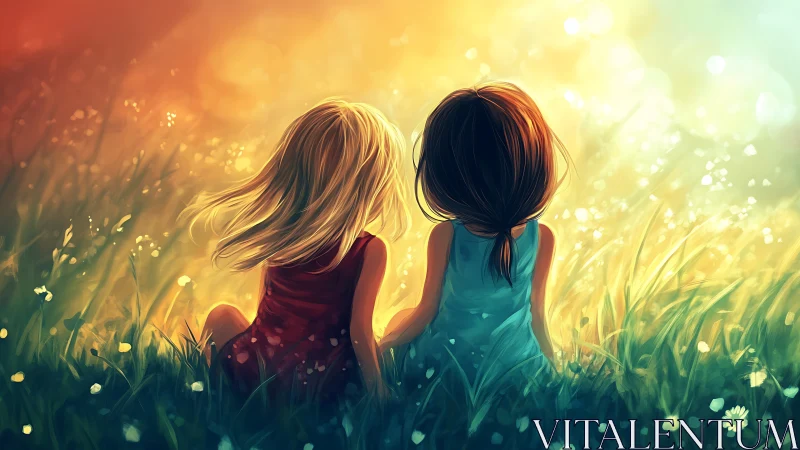 Two Young Girls in Sunlit Field with Luminous Golden Hour Atmospheric Effects