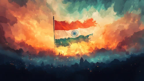Indian flag over stylized skyline under dramatic sky.