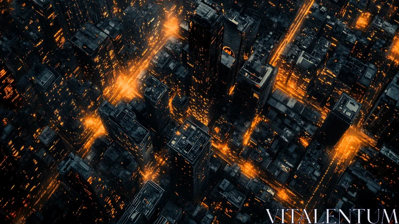High-contrast aerial cyberpunk city grid with molten light flows