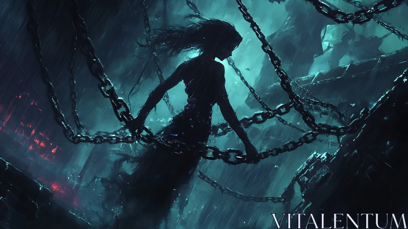 Shadowed dreamer wrapped in chains beneath stormlight.