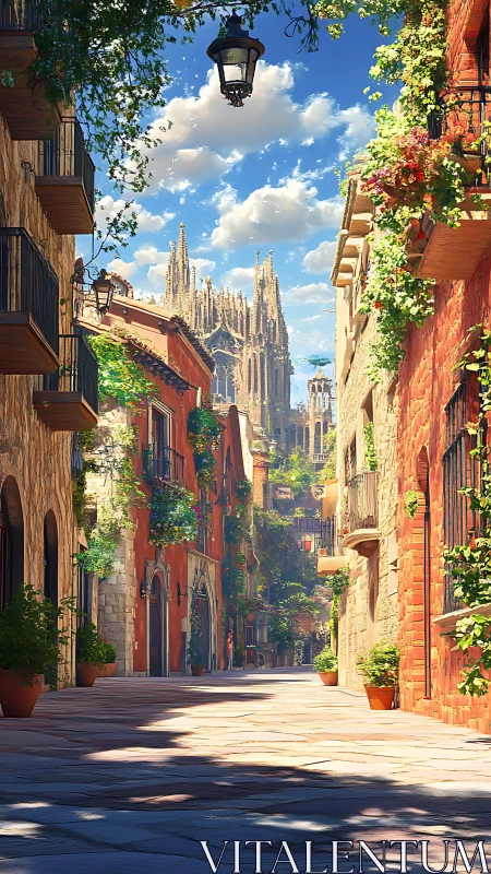Sunlit European alley with distant cathedral towers.