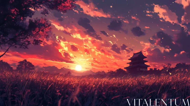 Sunset bathes a quiet pagoda in glowing crimson skies