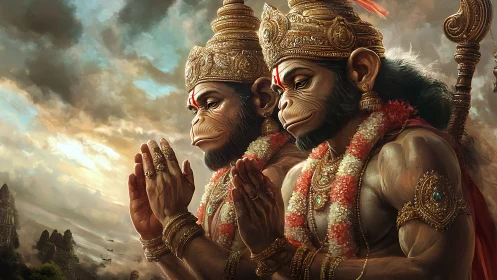 Twin divine monkey warriors in ornate devotional pose.