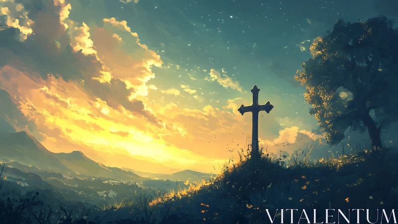 Backlit stone cross crowns hill under luminous volumetric sunset