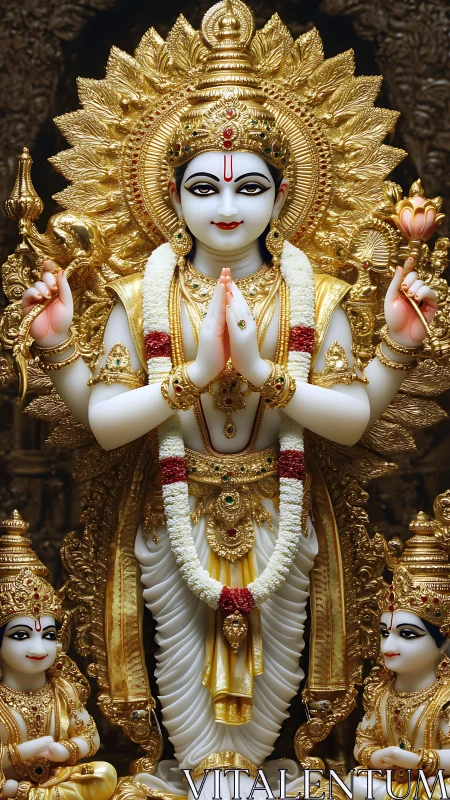Golden Hindu deity statue with ornate garlands and halo.