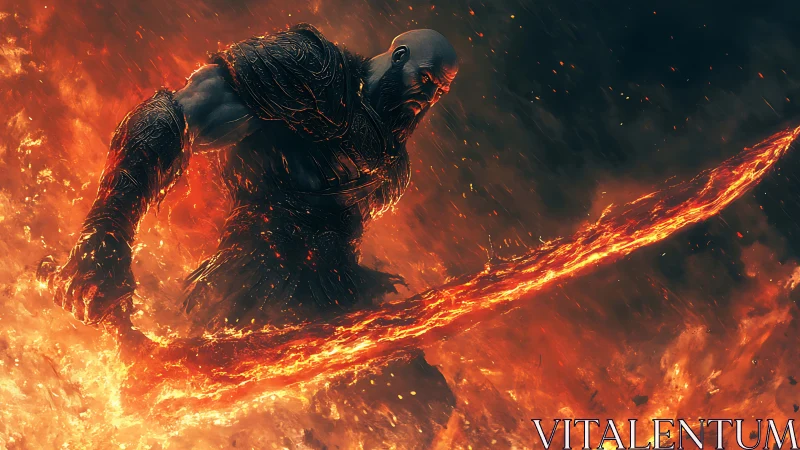 Volcanic warlord with molten greatsword in eruptive inferno field.