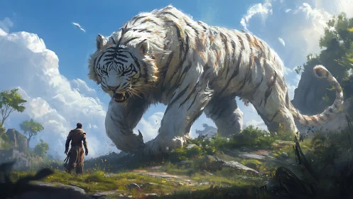 Warrior Confronts Colossal Stone Tiger in Mythical Valley.