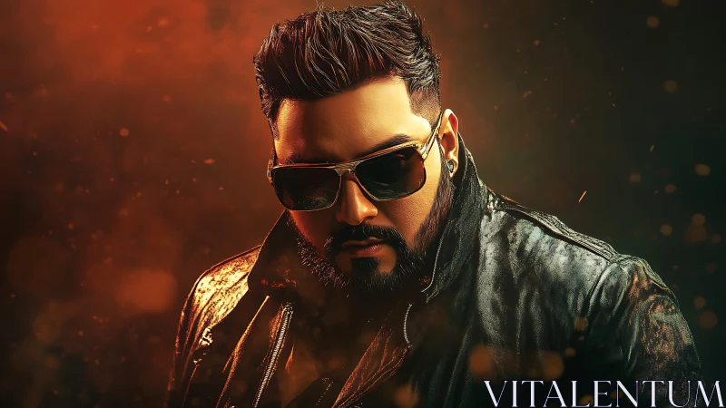 Man in leather jacket wearing sunglasses faces camera directly